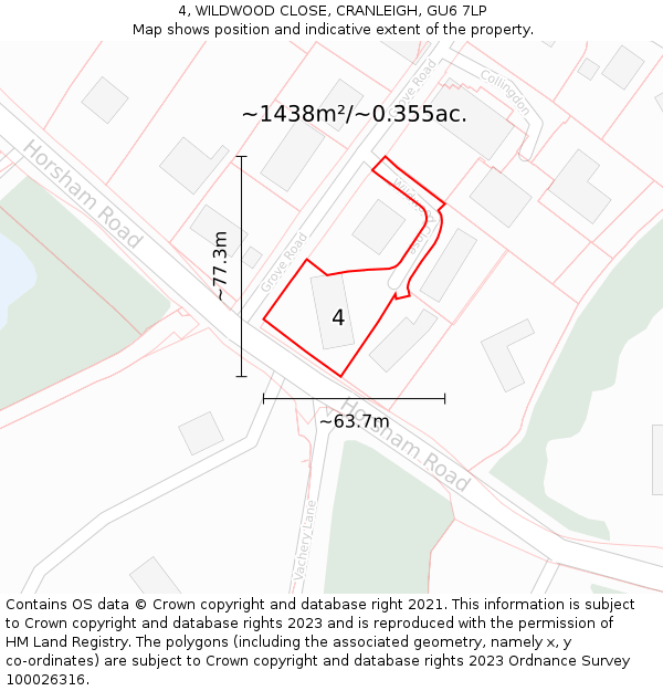 4, WILDWOOD CLOSE, CRANLEIGH, GU6 7LP: Plot and title map