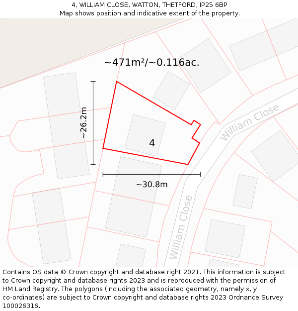 4, WILLIAM CLOSE, WATTON, THETFORD, IP25 6BP: Plot and title map