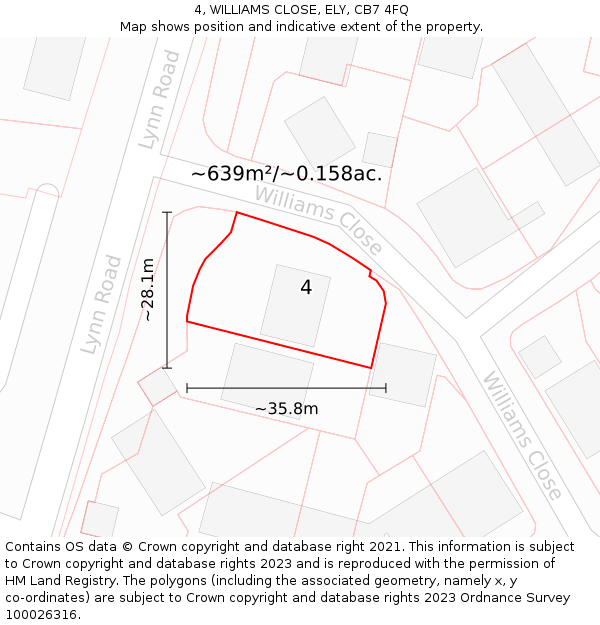 4, WILLIAMS CLOSE, ELY, CB7 4FQ: Plot and title map