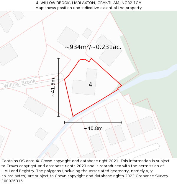 4, WILLOW BROOK, HARLAXTON, GRANTHAM, NG32 1GA: Plot and title map