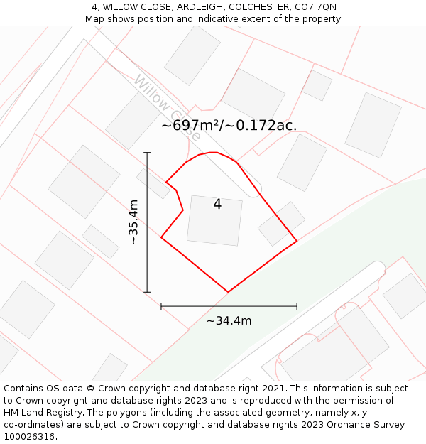 4, WILLOW CLOSE, ARDLEIGH, COLCHESTER, CO7 7QN: Plot and title map