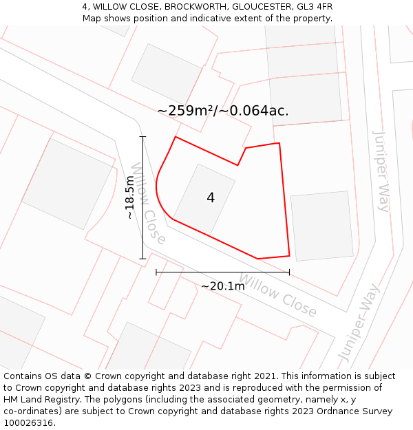 4, WILLOW CLOSE, BROCKWORTH, GLOUCESTER, GL3 4FR: Plot and title map