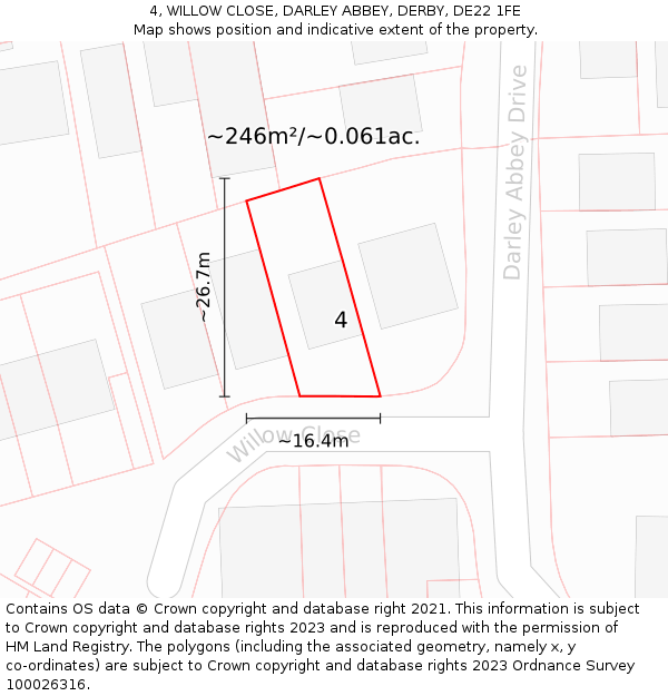 4, WILLOW CLOSE, DARLEY ABBEY, DERBY, DE22 1FE: Plot and title map