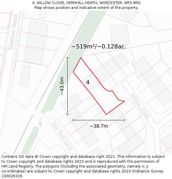 4, WILLOW CLOSE, FERNHILL HEATH, WORCESTER, WR3 8RG: Plot and title map