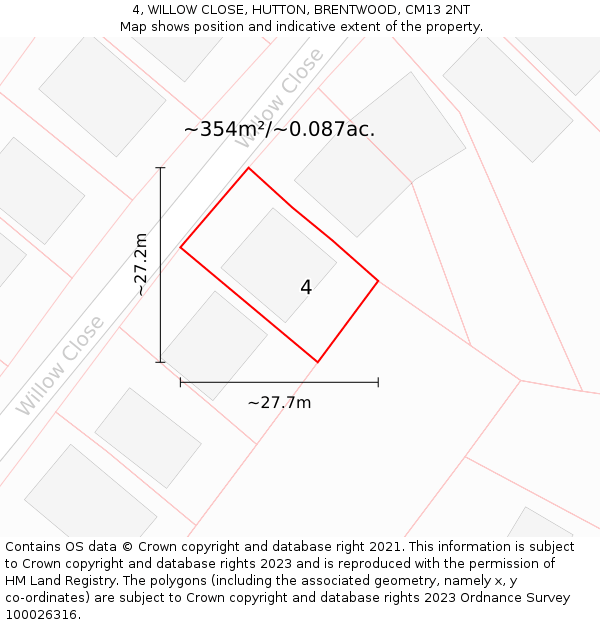 4, WILLOW CLOSE, HUTTON, BRENTWOOD, CM13 2NT: Plot and title map