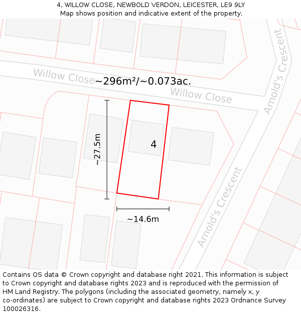 4, WILLOW CLOSE, NEWBOLD VERDON, LEICESTER, LE9 9LY: Plot and title map