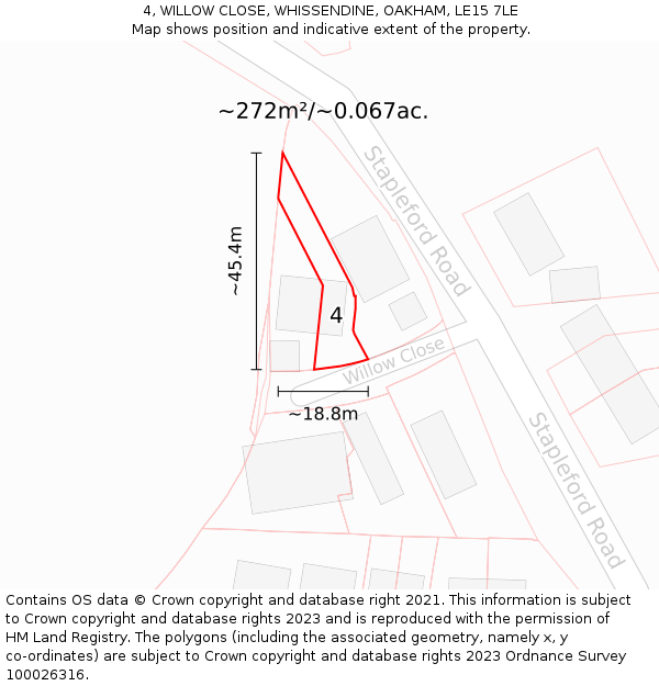 4, WILLOW CLOSE, WHISSENDINE, OAKHAM, LE15 7LE: Plot and title map