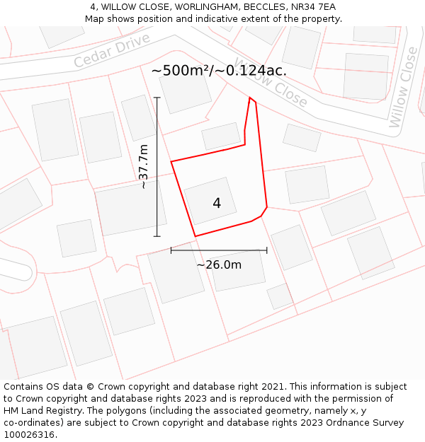4, WILLOW CLOSE, WORLINGHAM, BECCLES, NR34 7EA: Plot and title map
