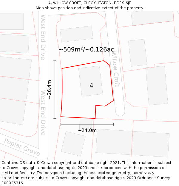 4, WILLOW CROFT, CLECKHEATON, BD19 6JE: Plot and title map