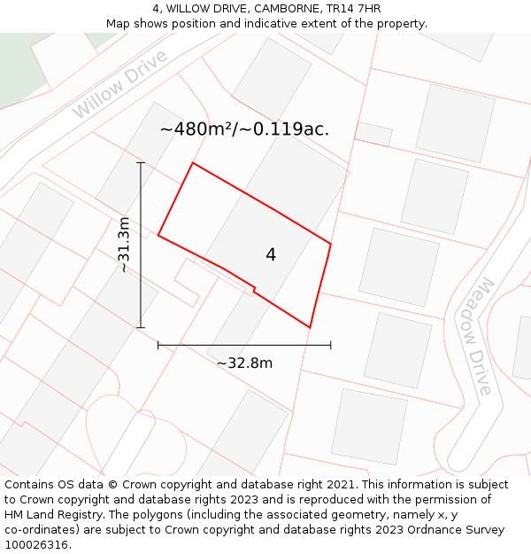 4, WILLOW DRIVE, CAMBORNE, TR14 7HR: Plot and title map