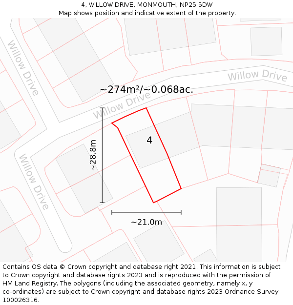 4, WILLOW DRIVE, MONMOUTH, NP25 5DW: Plot and title map