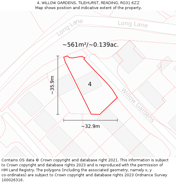 4, WILLOW GARDENS, TILEHURST, READING, RG31 6ZZ: Plot and title map