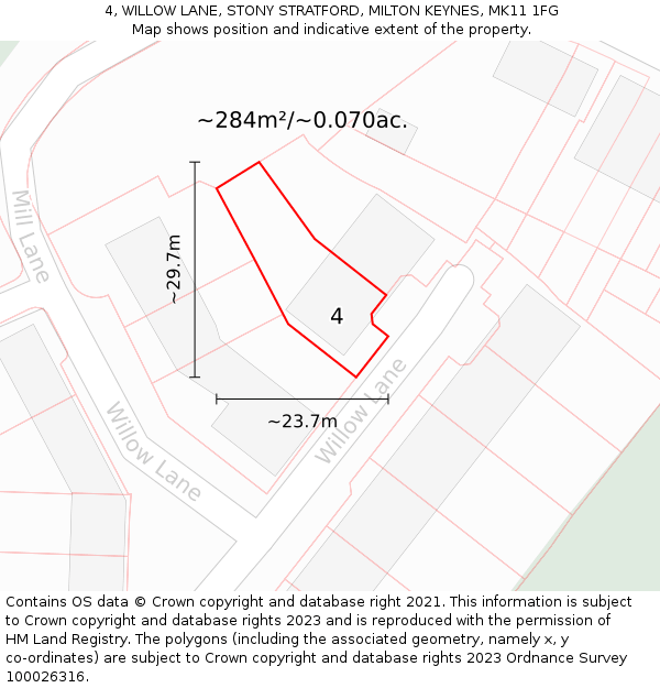 4, WILLOW LANE, STONY STRATFORD, MILTON KEYNES, MK11 1FG: Plot and title map