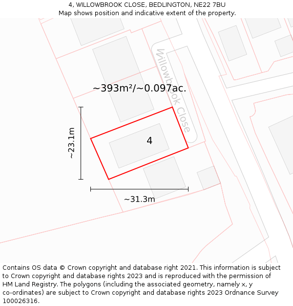 4, WILLOWBROOK CLOSE, BEDLINGTON, NE22 7BU: Plot and title map