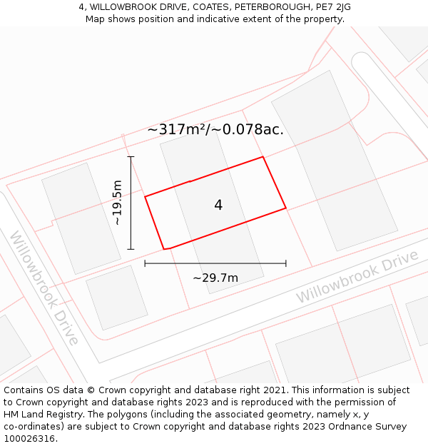 4, WILLOWBROOK DRIVE, COATES, PETERBOROUGH, PE7 2JG: Plot and title map