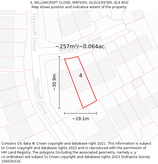 4, WILLOWCROFT CLOSE, MATSON, GLOUCESTER, GL4 6NZ: Plot and title map