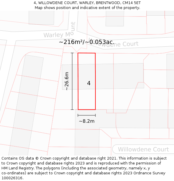 4, WILLOWDENE COURT, WARLEY, BRENTWOOD, CM14 5ET: Plot and title map