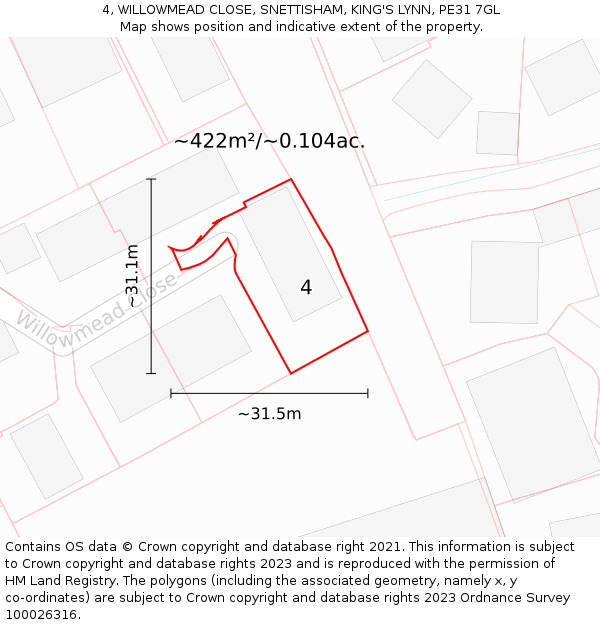 4, WILLOWMEAD CLOSE, SNETTISHAM, KING'S LYNN, PE31 7GL: Plot and title map