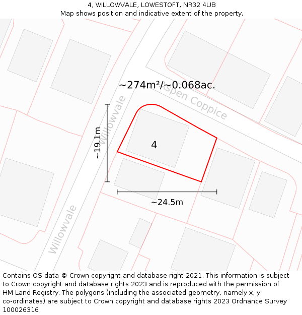 4, WILLOWVALE, LOWESTOFT, NR32 4UB: Plot and title map