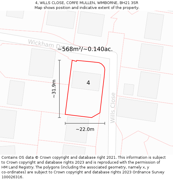 4, WILLS CLOSE, CORFE MULLEN, WIMBORNE, BH21 3SR: Plot and title map