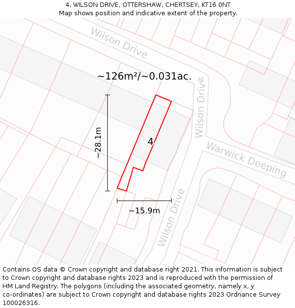 4, WILSON DRIVE, OTTERSHAW, CHERTSEY, KT16 0NT: Plot and title map