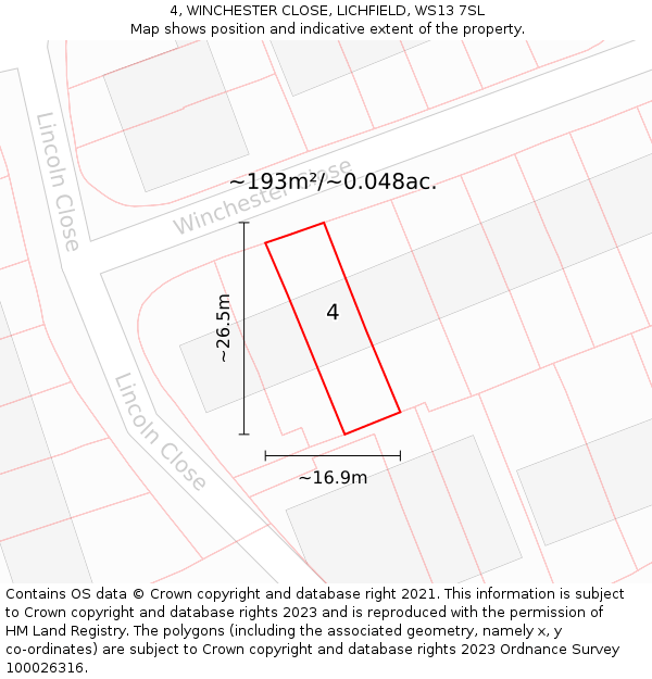 4, WINCHESTER CLOSE, LICHFIELD, WS13 7SL: Plot and title map