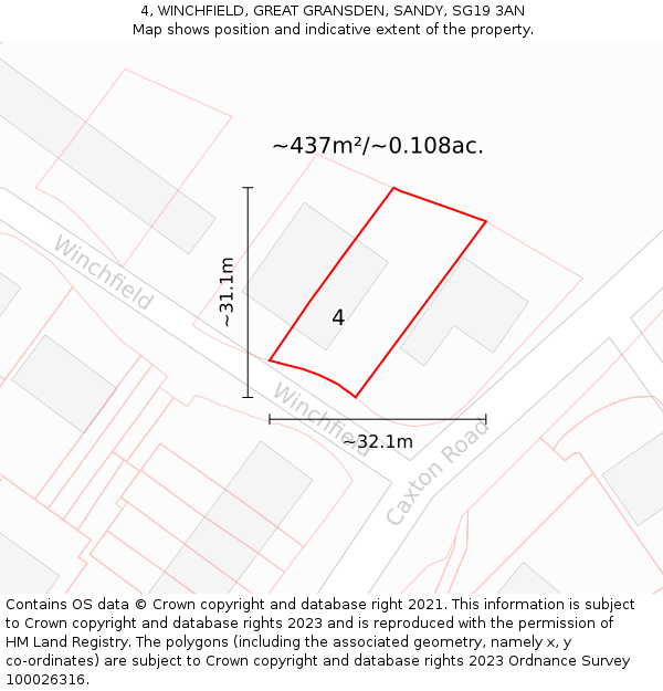 4, WINCHFIELD, GREAT GRANSDEN, SANDY, SG19 3AN: Plot and title map