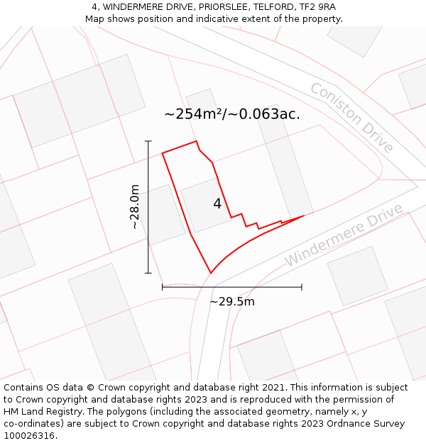 4, WINDERMERE DRIVE, PRIORSLEE, TELFORD, TF2 9RA: Plot and title map