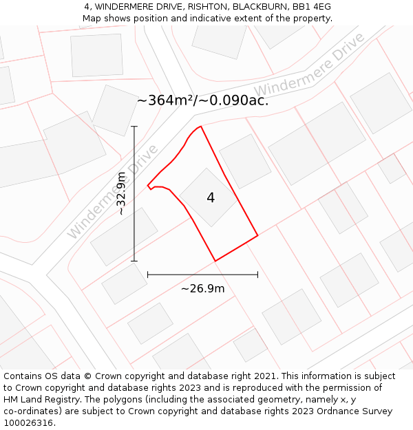 4, WINDERMERE DRIVE, RISHTON, BLACKBURN, BB1 4EG: Plot and title map