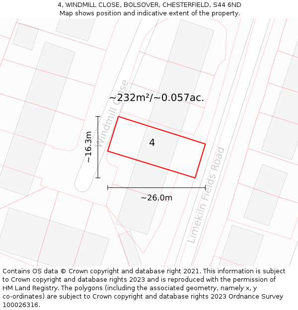 4, WINDMILL CLOSE, BOLSOVER, CHESTERFIELD, S44 6ND: Plot and title map