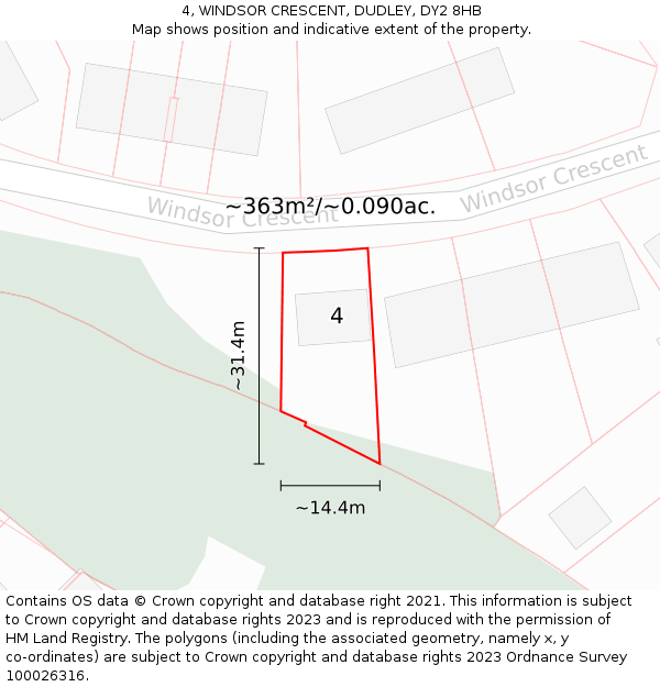 4, WINDSOR CRESCENT, DUDLEY, DY2 8HB: Plot and title map