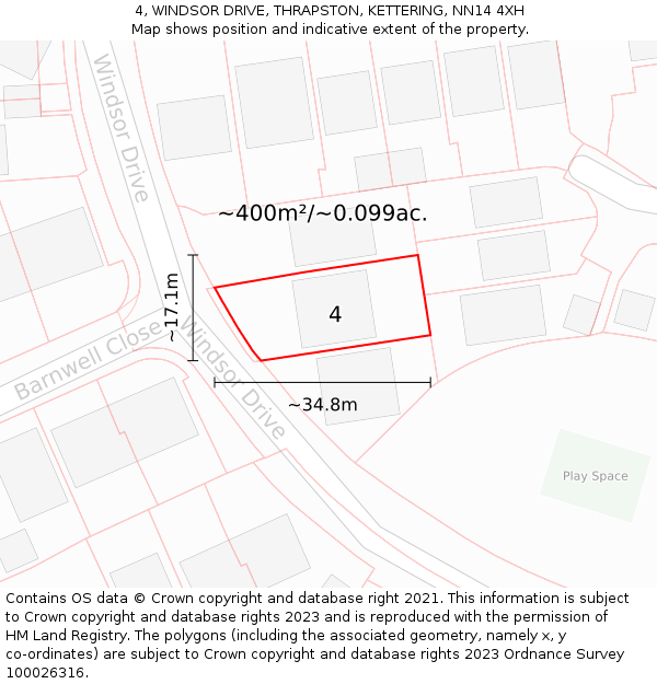 4, WINDSOR DRIVE, THRAPSTON, KETTERING, NN14 4XH: Plot and title map