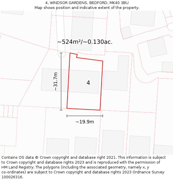 4, WINDSOR GARDENS, BEDFORD, MK40 3BU: Plot and title map