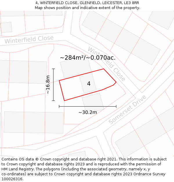 4, WINTERFIELD CLOSE, GLENFIELD, LEICESTER, LE3 8RR: Plot and title map