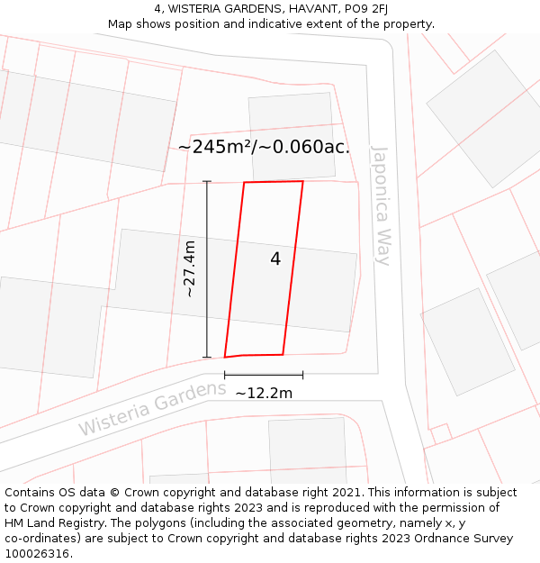 4, WISTERIA GARDENS, HAVANT, PO9 2FJ: Plot and title map