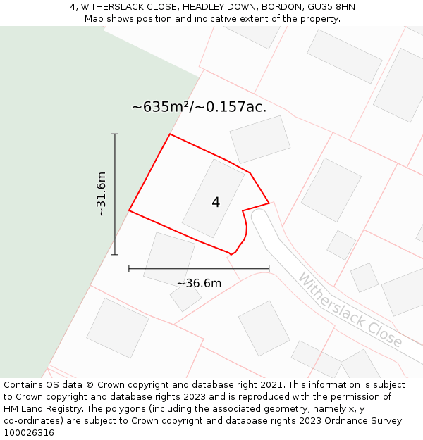 4, WITHERSLACK CLOSE, HEADLEY DOWN, BORDON, GU35 8HN: Plot and title map
