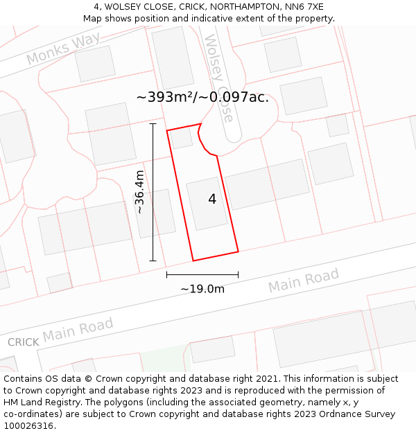 4, WOLSEY CLOSE, CRICK, NORTHAMPTON, NN6 7XE: Plot and title map