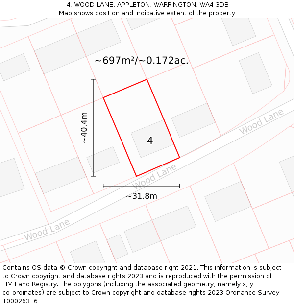 4, WOOD LANE, APPLETON, WARRINGTON, WA4 3DB: Plot and title map
