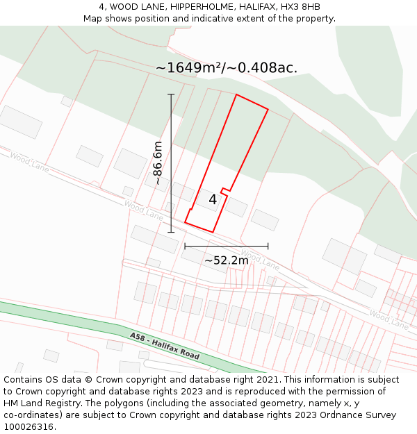 4, WOOD LANE, HIPPERHOLME, HALIFAX, HX3 8HB: Plot and title map
