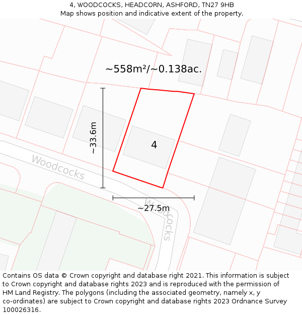 4, WOODCOCKS, HEADCORN, ASHFORD, TN27 9HB: Plot and title map