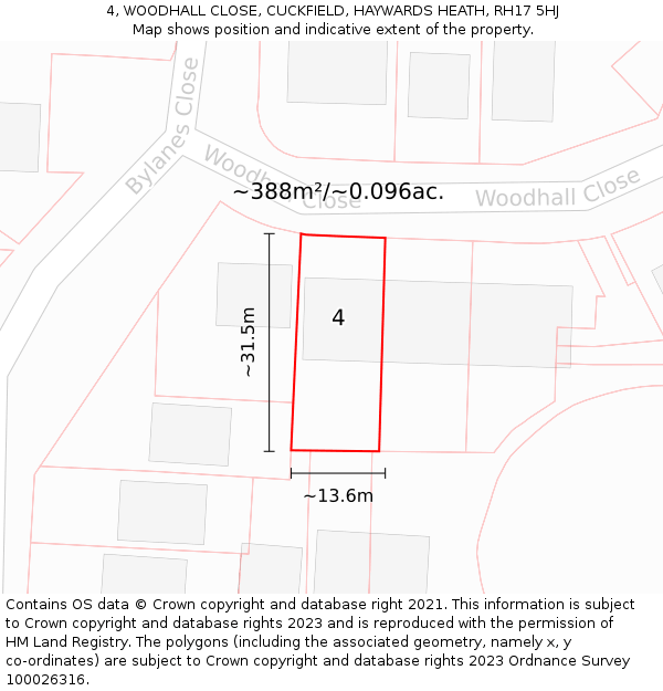 4, WOODHALL CLOSE, CUCKFIELD, HAYWARDS HEATH, RH17 5HJ: Plot and title map