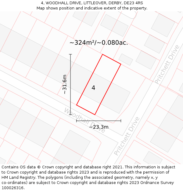 4, WOODHALL DRIVE, LITTLEOVER, DERBY, DE23 4RS: Plot and title map