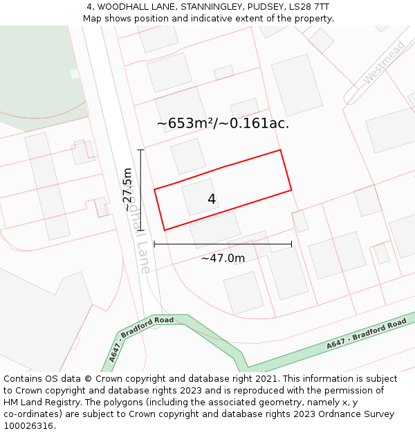 4, WOODHALL LANE, STANNINGLEY, PUDSEY, LS28 7TT: Plot and title map