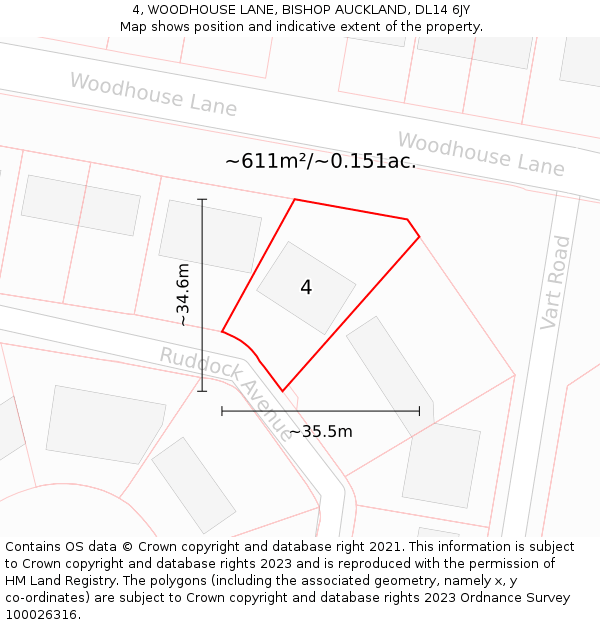 4, WOODHOUSE LANE, BISHOP AUCKLAND, DL14 6JY: Plot and title map