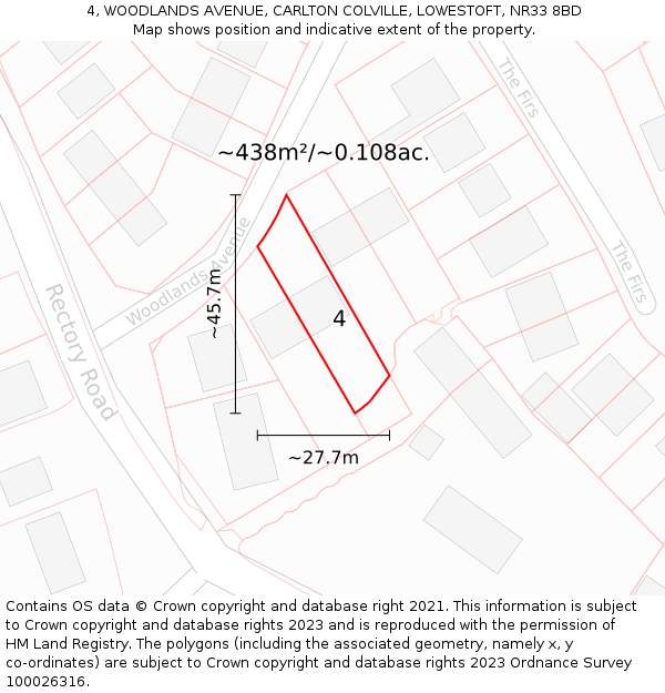 4, WOODLANDS AVENUE, CARLTON COLVILLE, LOWESTOFT, NR33 8BD: Plot and title map
