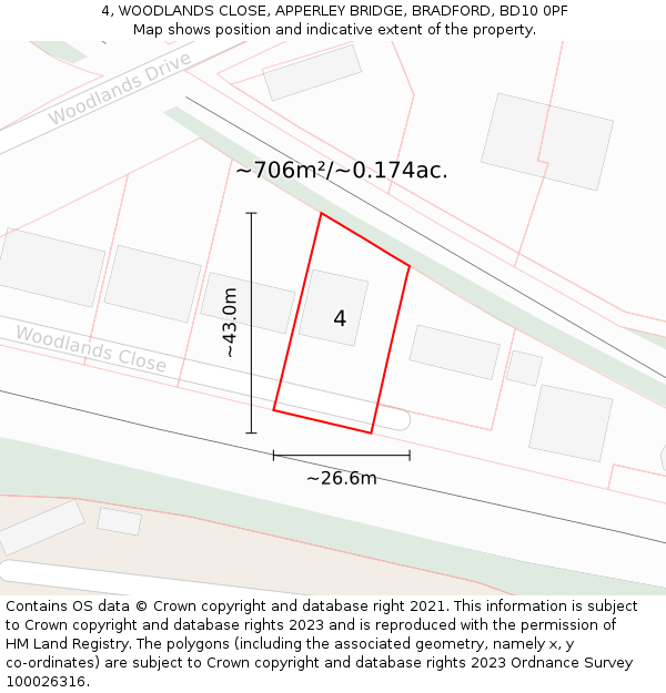 4, WOODLANDS CLOSE, APPERLEY BRIDGE, BRADFORD, BD10 0PF: Plot and title map