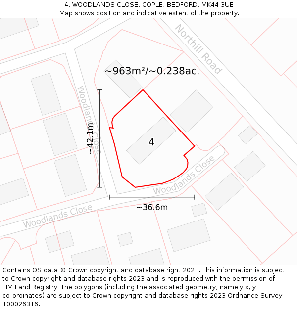 4, WOODLANDS CLOSE, COPLE, BEDFORD, MK44 3UE: Plot and title map