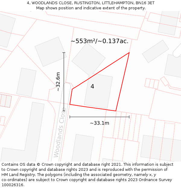 4, WOODLANDS CLOSE, RUSTINGTON, LITTLEHAMPTON, BN16 3ET: Plot and title map