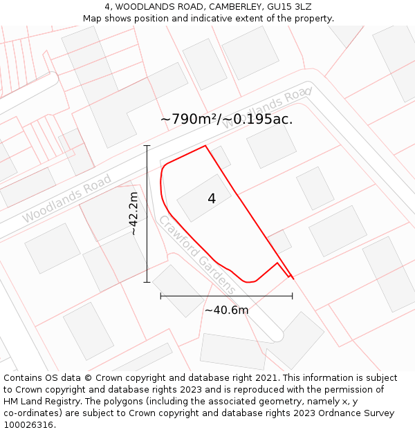 4, WOODLANDS ROAD, CAMBERLEY, GU15 3LZ: Plot and title map