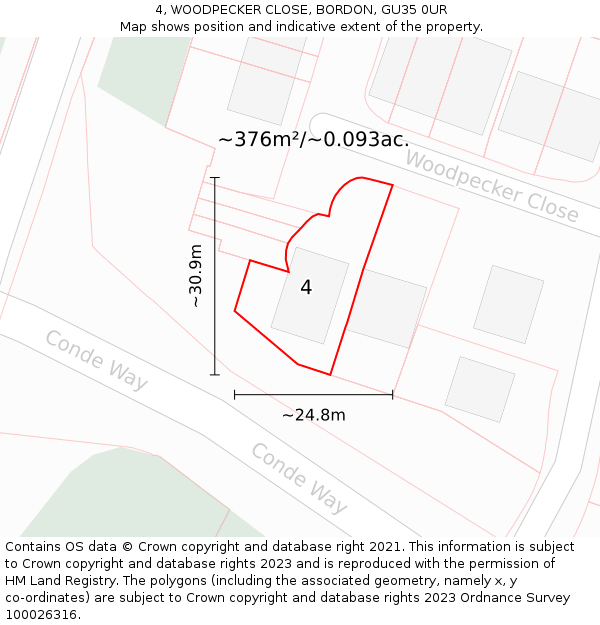 4, WOODPECKER CLOSE, BORDON, GU35 0UR: Plot and title map